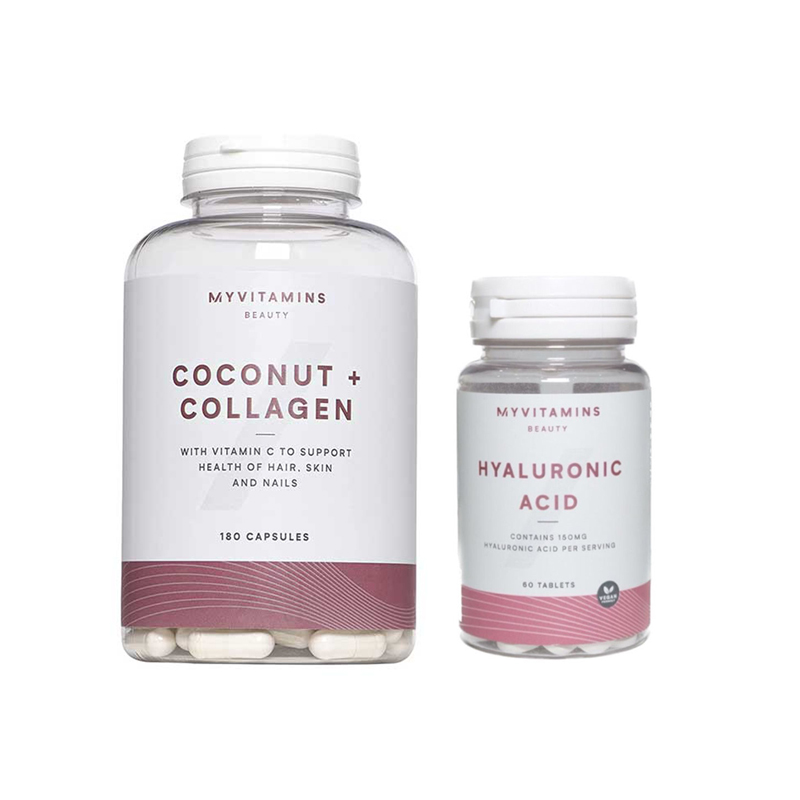 پک کوکونات کلاژن مای ویتامینز 180 تایی و قرص هیالورونیک اسید مای ویتامینز 60 عددی