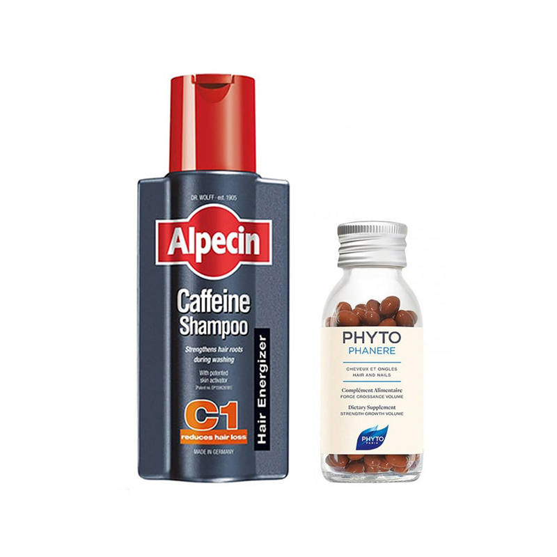 پک شامپو ضد ریزش کافئین C1 آلپسین 250 میل و قرص مکمل تقویت مو فیتو فانر(اروپا) PHYTO PHANERE